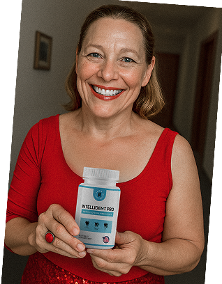 Woman in red top holding supplement bottle