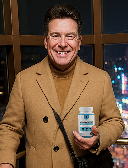 Man in tan suit holding supplement bottle